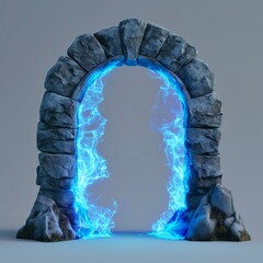 Magic Gate. Blue light, Fire. Portal in a stone arch. Fantasy gate. Ancient ruins. Passage to another world. Stone Magic door. Alien world. Magical power. Game design. 3D illustation isolated on grey