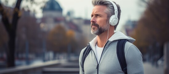 Attractive middle-aged man jogger pausing to rest and listen to music in city. - obrazy, fototapety, plakaty