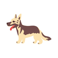 German Shepherd dog sticking the tongue out vector cartoon flat illustration isolated on white background, decorative cute colorful sign doggy for travel design, creation of zoo alphabet, baby animal