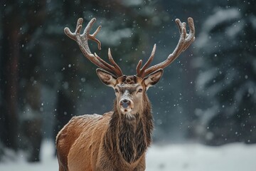 red deer on forest background with snow falling