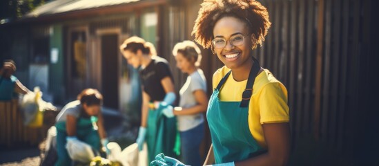 Black woman volunteers outdoors, happily helping with recycling and cleaning for a clean environment.