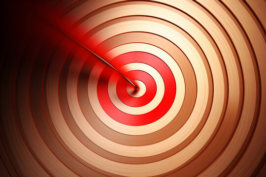 Business, hobbies and leisure concept. Minimalist goal reaching concept of arrow or dart hitting a target in the center. Abstract background illustration with copy space