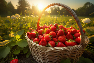 Strawberries in a basket. Woven basket full of strawberries in a strawberry field on a berry farm.