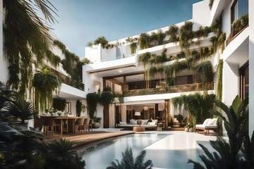 Obraz na płótnie Canvas beautiful balcony design in luxury home with plants white view