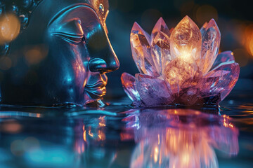 Buddha face and glowing crystal lotus