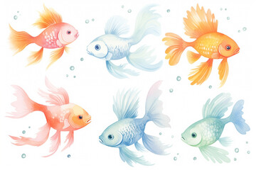 Fototapeta na wymiar Set of watercolor paintings Goldfish on white background. 
