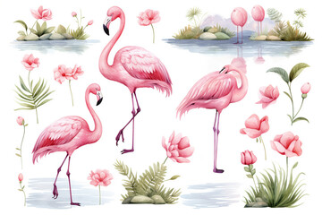 Set Of Watercolor paintings Flamingo  on white background. 