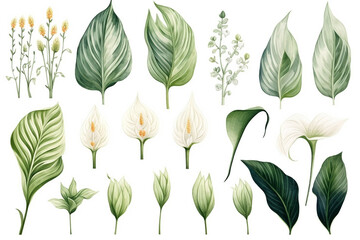 Watercolor painting.Spathiphyllum symbols on a white background. 