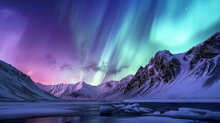 Scenery of Northern lights aurora borealis green and purple with snow mountains Reflection in the lake water at night, In Scandinavia Country Winter Season, North pole, Northern Europe, Landscape