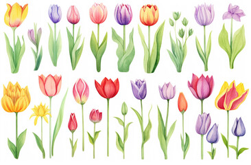 Watercolor paintings Tulip flower symbols On a white background. 