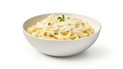 Bowl of fettucini alfredo with garnish isolated on transparent background, top down view, view from...