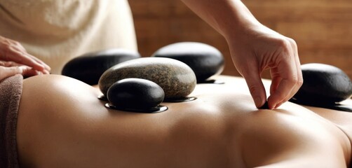  a woman getting a back massage from a man with black stones on the back of the woman's body.