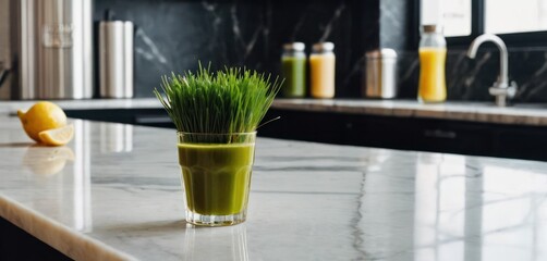  a glass filled with a green drink sitting on top of a counter next to an orange and a bottle of juice.