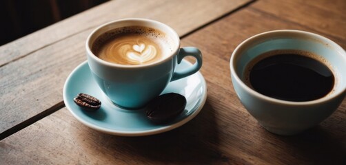  a couple of cups of coffee sitting on top of a saucer next to each other on a wooden table.
