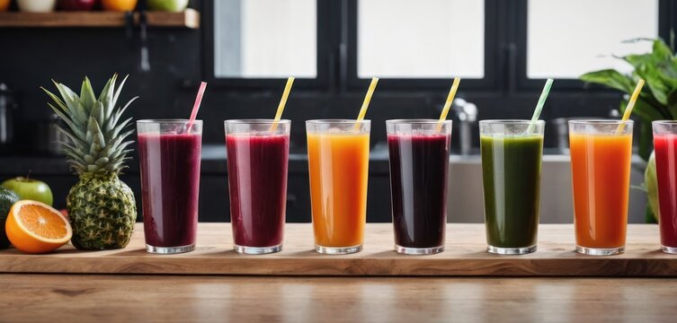  a row of glasses filled with different types of smoothies and juices on top of a wooden cutting board.