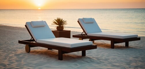  a couple of chaise lounge chairs sitting on top of a sandy beach next to a potted pineapple.