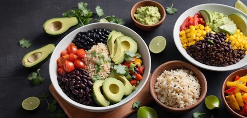  three bowls filled with rice, beans, avocado, corn, tomatoes, black beans, and avocados.