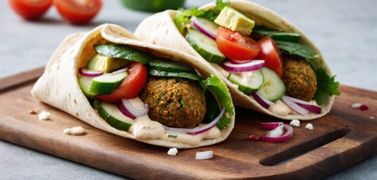  two falafel wraps on a cutting board with tomatoes, cucumbers, onions, and lettuce.