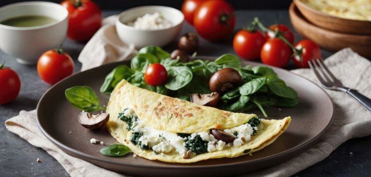  an omelet with spinach, mushrooms, mushrooms, and spinach leaves on a plate with a fork.