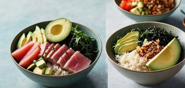  a bowl of rice, avocado, tuna, and spinach on top of another bowl of rice and avocado.