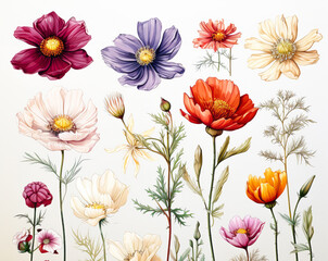 Fototapeta na wymiar Watercolor paintings Cosmos flower symbols On a white background.