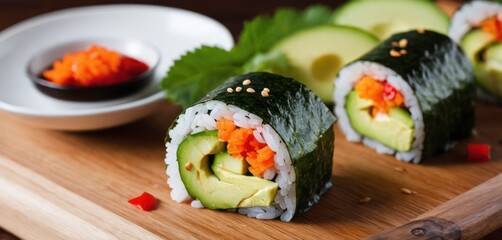  a close up of a sushi roll on a cutting board with a small bowl of sauce in the background.