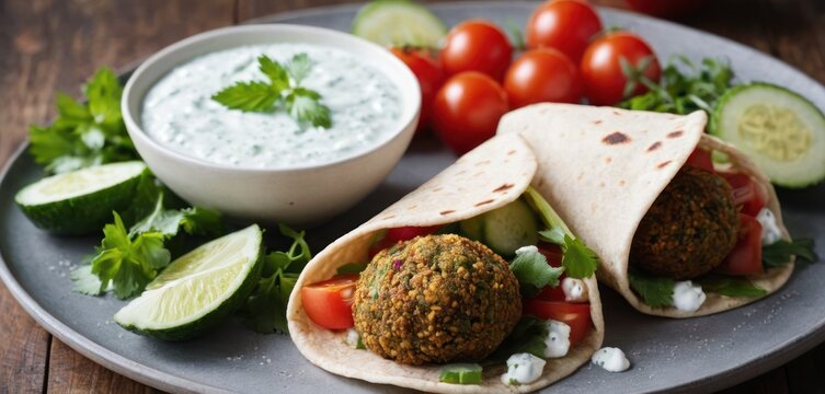  a plate with two falafel wraps and a bowl of dip on the side with cucumbers and tomatoes.