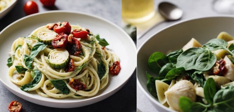  a bowl of pasta with spinach, tomatoes, and spinach on a table next to a bowl of spinach and a glass of wine.