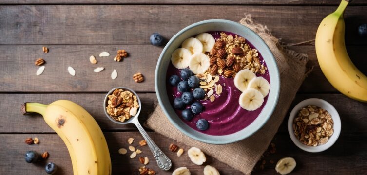  .The image features a bowl of fruit, specifically berries and bananas, placed on top of a wooden table. There are various bananas scattered.