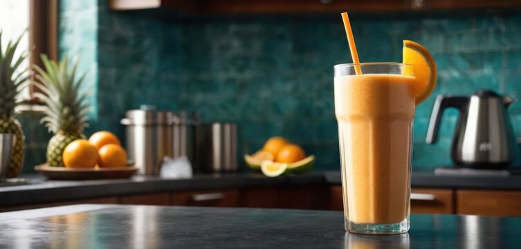  .The image shows a kitchen counter with a glass of orange smoothie sitting on it. The counter is also decorated with an assortment of f.