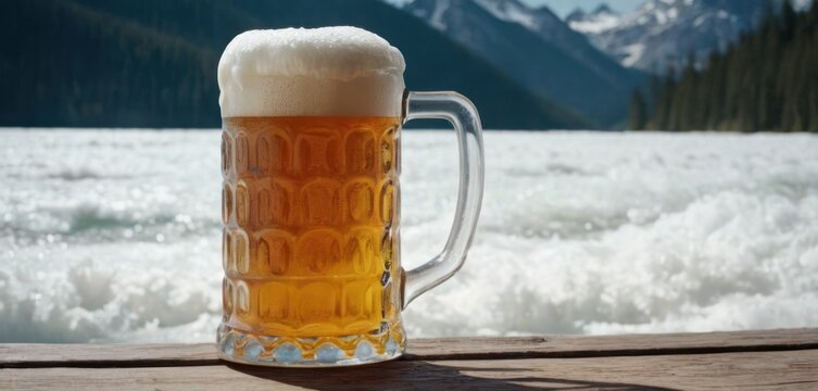  .The image features a lake with a tall glass of beer on a wooden deck. The glass is filled to the top and has foam at its.