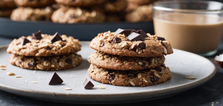  The image features a table with several chocolate chip cookies, both stacked and unstacked. There is also a glass of coffee nearby on the.