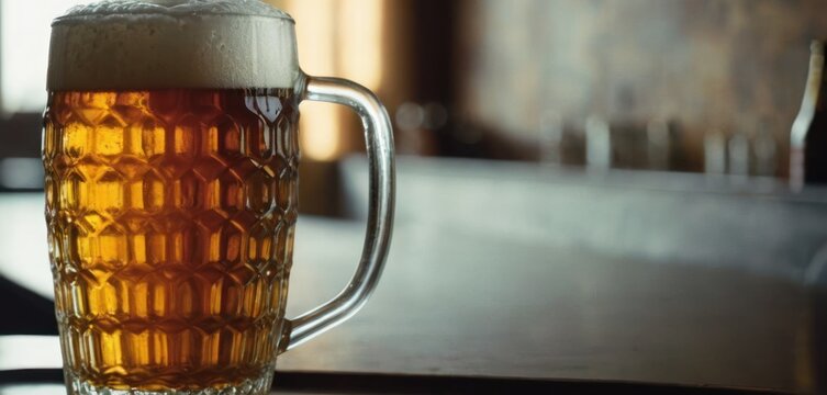 .This is an image of a full glass mug filled with beer sitting on top of a bar. The bar has several other bottles on it.