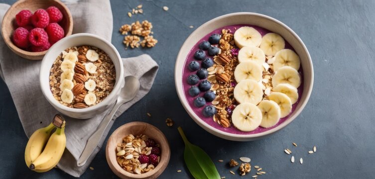  .The image features a dining table with two bowls containing yogurt and granola on it, along with other items. One of the bow.