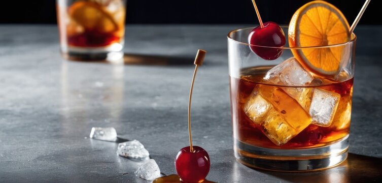  In this image, there are two glasses filled with cherry-infused liquor. The first glass is near the center of the picture, while.