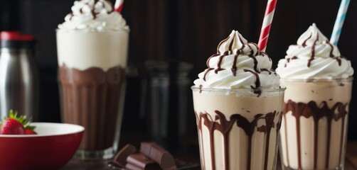  .These are three delicious looking drinks, each with a different flavor. One of the drinks is a milkshake made with ch. - obrazy, fototapety, plakaty