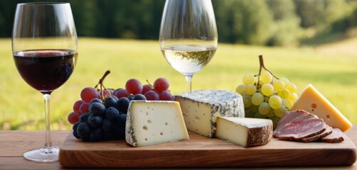  .The image features a wooden cutting board topped with various cheeses and grapes. There are two wine glasses on either side of the cutting.