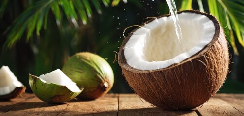  .The image depicts a coconut being opened and its juice poured out onto the ground. A bunch of ripe green cocon.