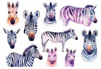 Set Of Watercolor paintings Zebra on white background. 