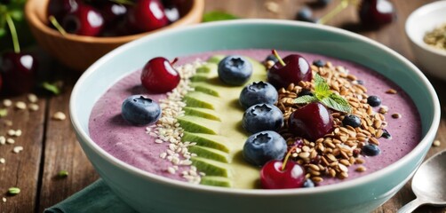  The image features a blue bowl filled with various fruits and nuts, such as cherries, avocado, berries, and almond.