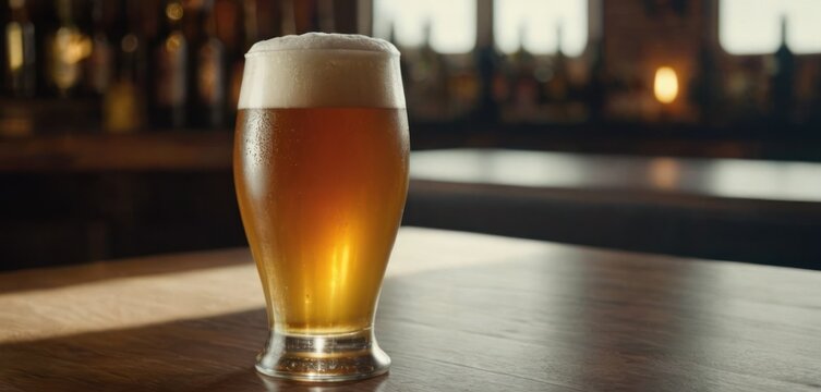  In the image, there is a tall glass of beer on a wooden counter. The beer has foam atop it and appears to be fresh.