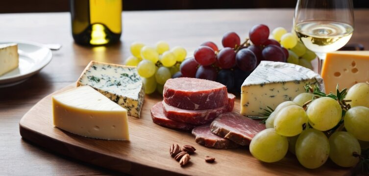  .The image features a wooden cutting board with an assortment of food items on it. There are several different types of cheese, including ched.