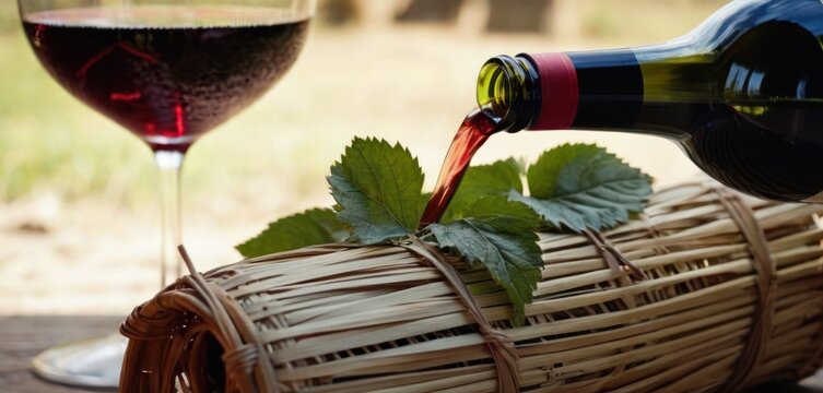  .The image displays a glass of wine and some leaves in the foreground, with a bottle of wine further behind. The leaves are covered with red.