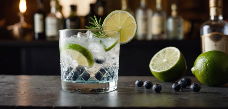  .This image showcases a refreshing blueberry gin cocktail with limes and lemon slices. The drink is served in a.