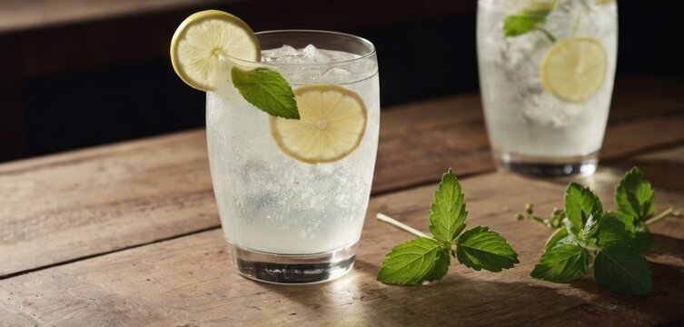  .The image features a glass of lemonade garnished with mint leaves. There are two glasses in the scene, one close to the left.