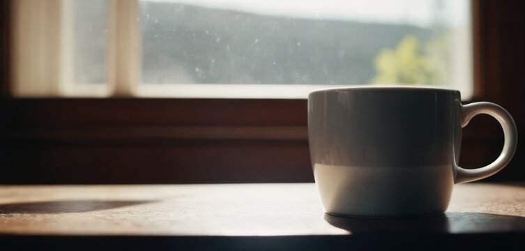  The image depicts a white cup, possibly a coffee mug or tea cup, sitting on top of a wooden table. The cup is positioned.
