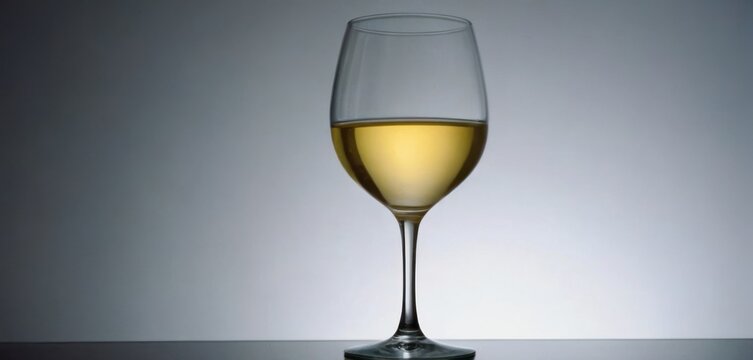  .The image features a tall wine glass placed on an elevated surface, such as a table or shelf. The clear glass of white wine is position.
