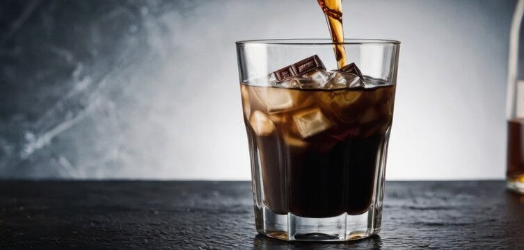  .The image displays a glass of iced coffee with ice and two chocolate cookies sitting on top. The drink is poured into a cup that.