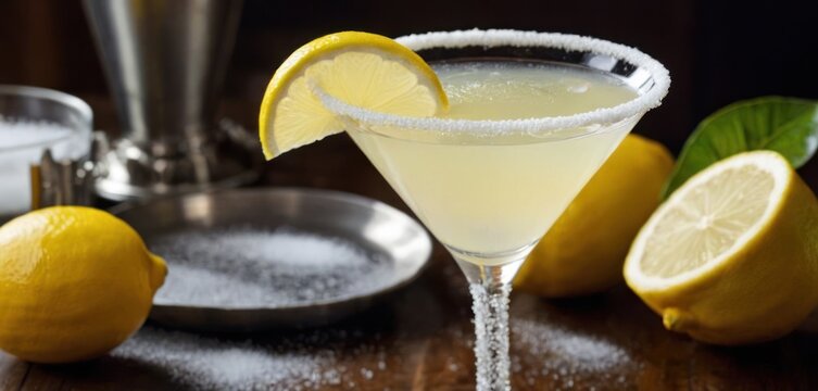  The image shows a cocktail made with lemon juice, gin and salt on the rim of the glass. The drink is placed in a.