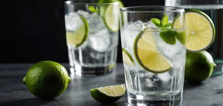  The image is of a table with two glasses filled with water and lime wedges. There are four slices of lemon on the table,.